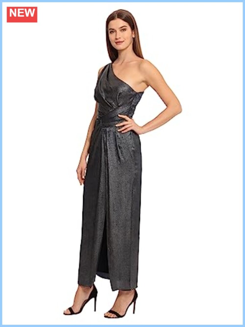 One Shoulder Sleeveless Maxi Dress with High Slit - Mercury Satin Cocktail Party - Picture 3 of 6